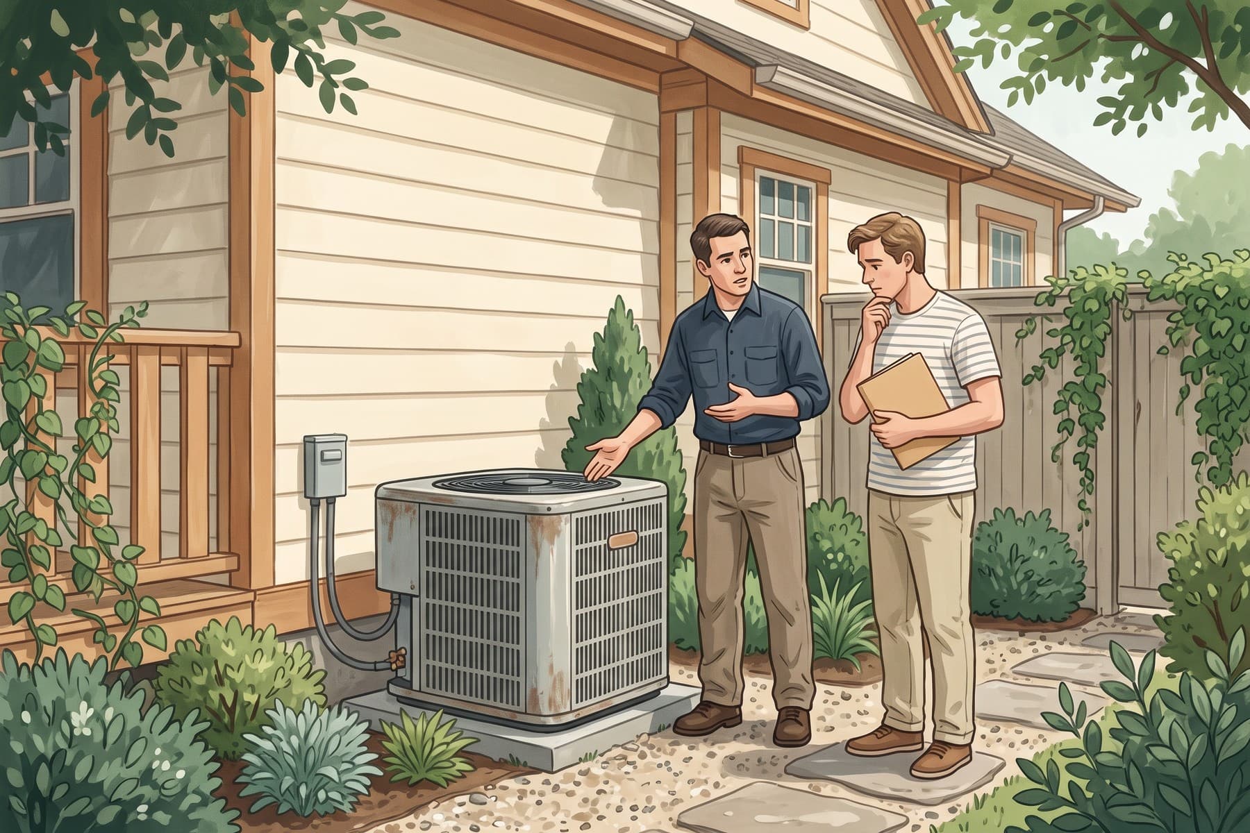 Illustration of a technician explaining an older outdoor air conditioner to a homeowner beside their house.