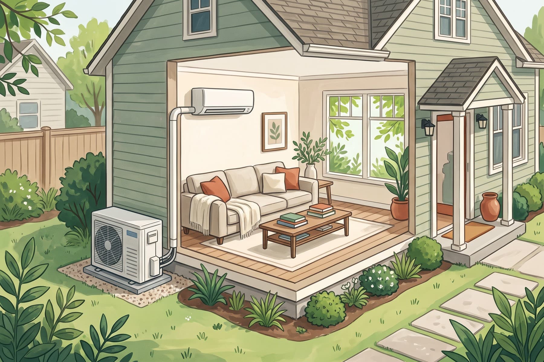 Cutaway illustration of a comfortable home with an indoor heat-pump head connected to an outdoor unit.