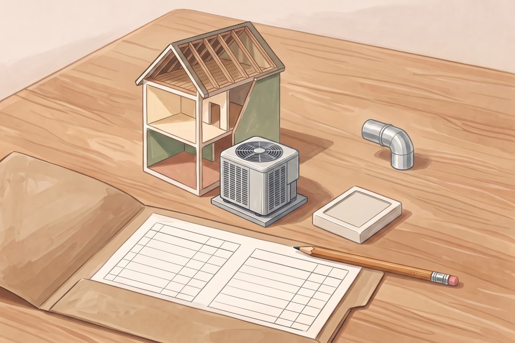 Illustration of an air-conditioning project model with ductwork, a thermostat, and an itemized estimate on a planning table.